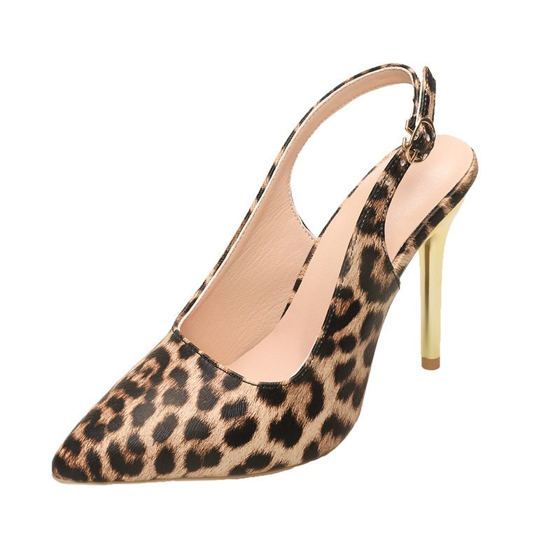free Shipping High heels sandals Designer Baotou leopard print slippers Rear empty women's sandals Thin heeled pointed sandals
