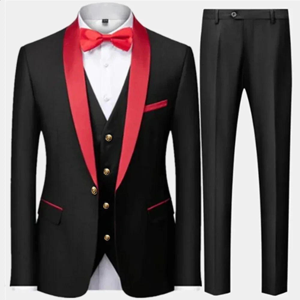 3 Pieces Set Mens Business Blazers Coat Male Slim Fit Color Matching Collar Suit Tuxedo Leisure Jacket Pants Vest Wedding 250415