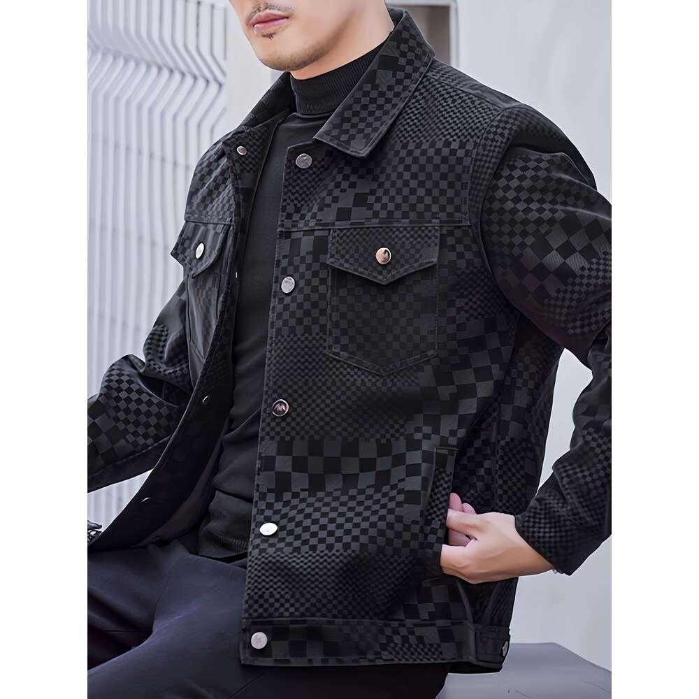 Men's Coat Polyester Men's Checkered PU Coat Jacket - Black Brown Houndstooth Pattern, Lapel Collar, Single-Breasted Button Front With Chest