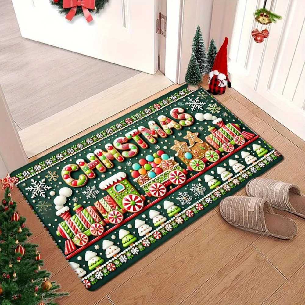 1pc Festive Christmas Door Mat - Non-Slip Washable Polyester Mat with Candy Canes Snowflakes and Merry Christmas DesignM251117