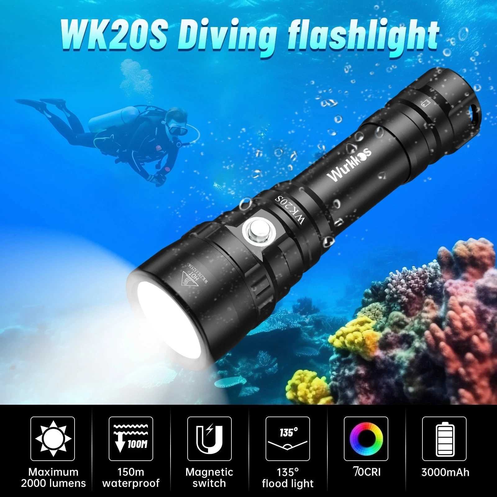 Wurkkos WK20S Powerful Diving Flashlight IPX8 Waterproof Scuba Dive Light Rechargeable Max 2000 Lumen SST40 HD LED 4 Modes M251117