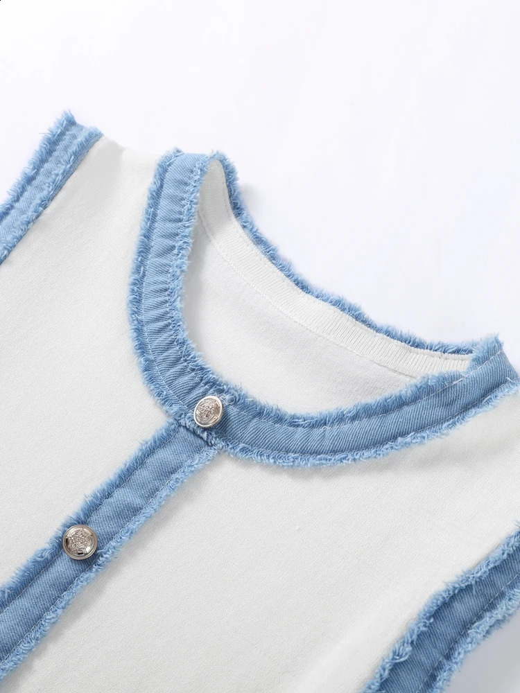 2025 Womens White Knitted Stretch Denim Dress Sleeveless Ruffled Hem Pleated Summer Tight Beach Party Casual Elegant Dress250414