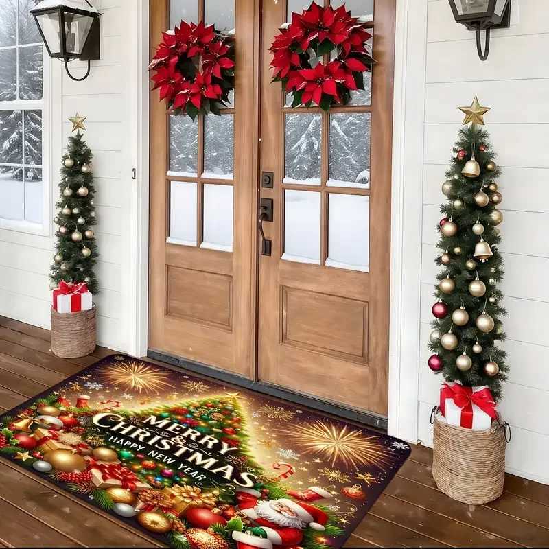 VIKAMA Merry Christmas Doormat-Holiday Tree and Santa Design Machine Washable Thick Flannel Suitable for Bathroom Living RoomM251117