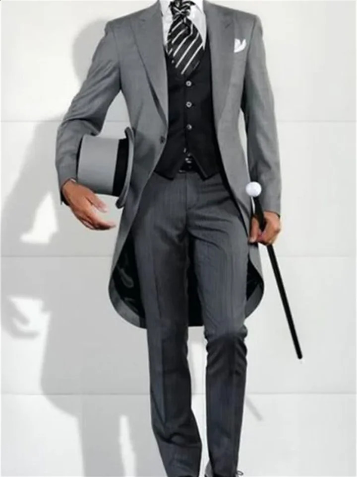 3 Pieces Italian Gentleman Style Wedding Man Long Tail Coat Groom Prom Tuxedos Formal Mens Suits Jacket Pants Vest 250415