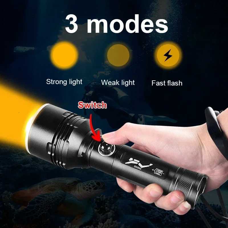 High Power XHP70 Led Diving Flashlight Professional Dive Lantern IPX8 Waterproof Underwater Torch Fishing Lamp with Hand Rope M251117