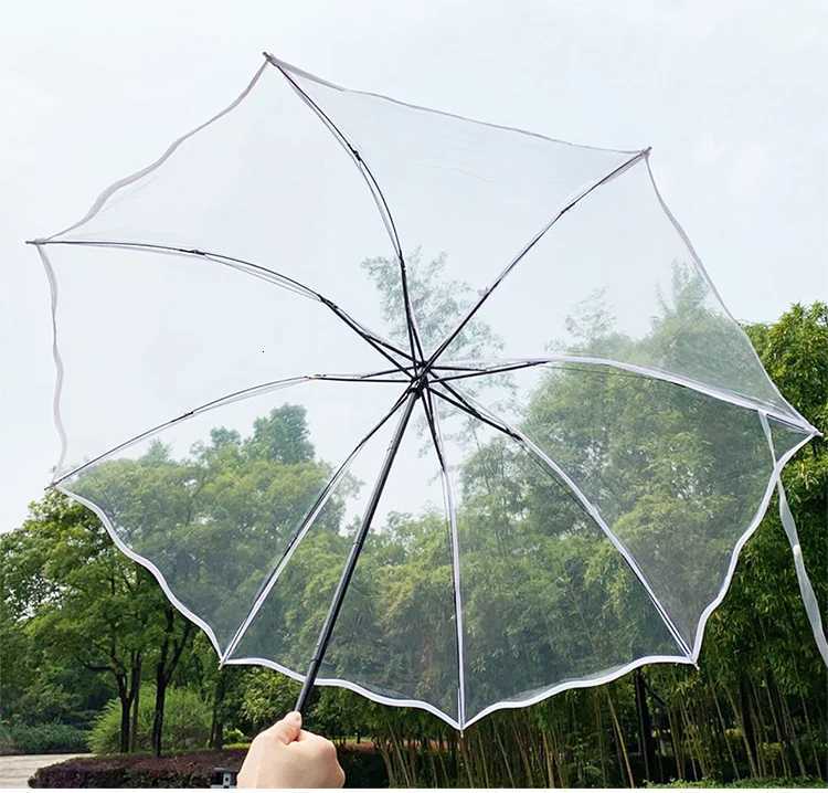 Transparent Folding Non-automatic Umbrella Men Ripple Edge Windproof Rain Umbrella Women Plastic Clear Ladies Outdoor Parasol C251117