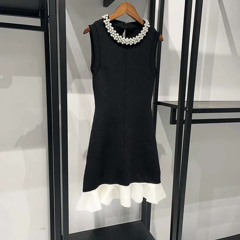 Faux Pearl Embellished-Neck Mini For Women Ruffled Hem Knitted Sleeveless Elegant Spring Dress 2025