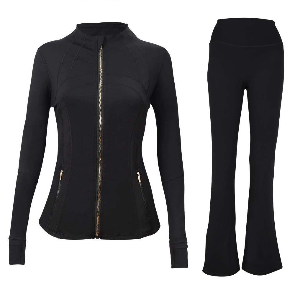 Gold Zipper Jacket for Women High Waist Hip Lifting Leggings Flared Elastic Breathable Slim Fit Sports Fiess Yoga Long Sleeve Top Ninth Pants 2 Pieces