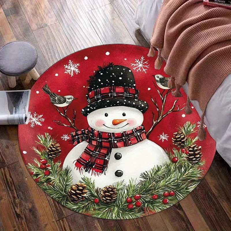 Snowman Christmas round rug red plaid hat winter holiday decor festive floor mat kids room decoration seasonal gift for homeM251117