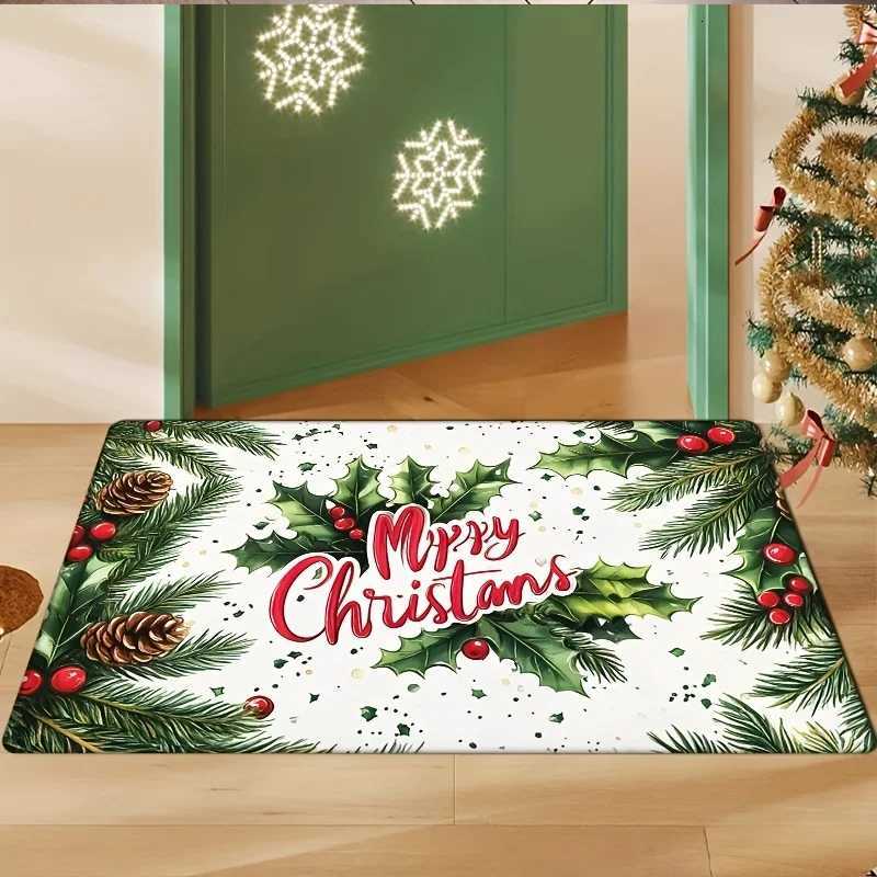 Merry Christmas Holly Print Flannel Doormat Thick Soft Machine Washable Non-Slip Rug for Kitchen Living Room Holiday DecorM251117