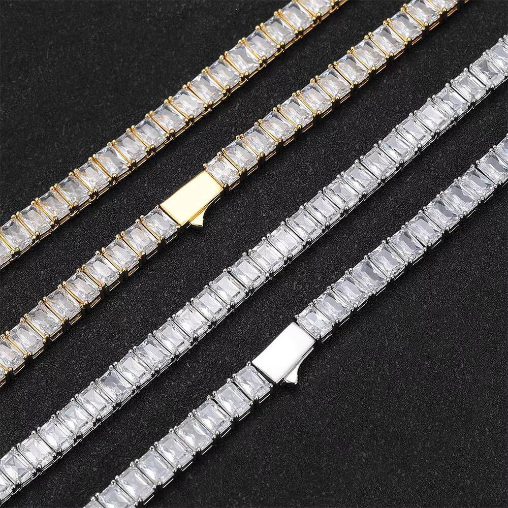 Moissanite Womens 18K Gold Plated Brass Tennis Chain Necklace 6mm Rectangular Zircon Hip Hop Fine Jewelry Tennis Chains Necklaces