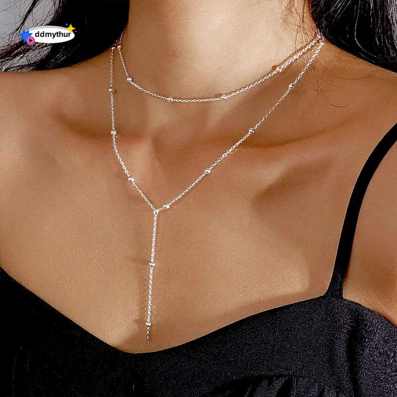 New Trendy Sterg Sier Double Layer Bead Necklace Long Pendant Tassel Neckchain For Women Fine Jewelry Accessories Gift ddmythur