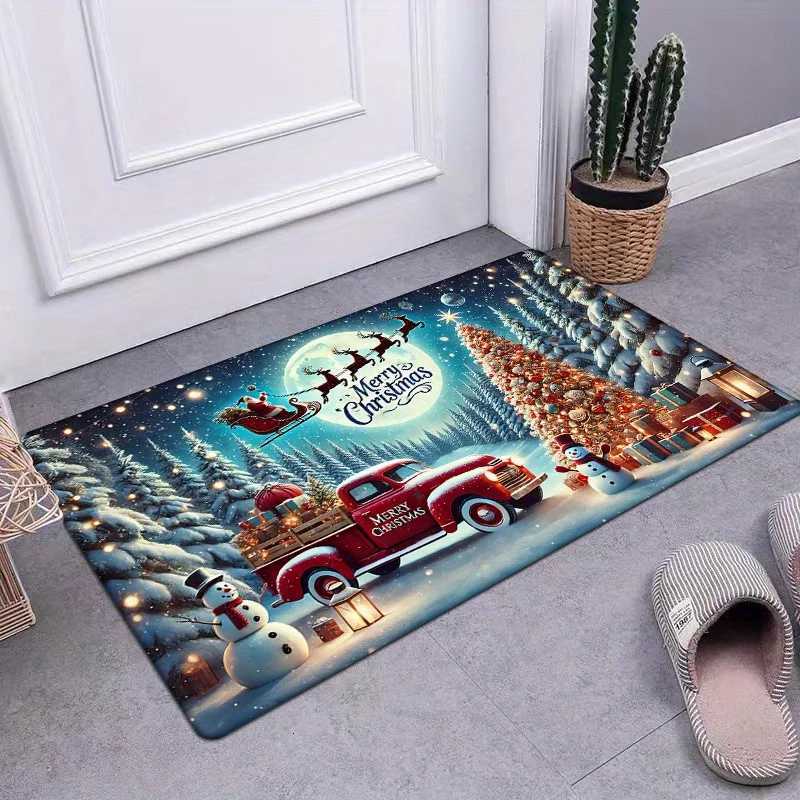 Open-1pc Winter Christmas Door Mat Flannel Thickness Winter Christmas Little Red Car Print Non-Slip Mat ComfortableM251117