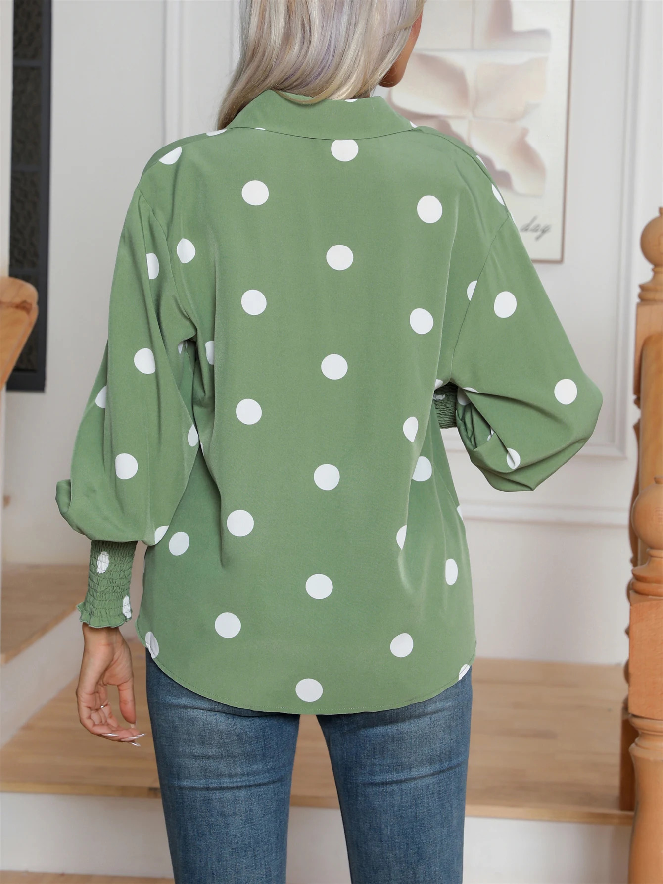 Casual Lapel Button Down Balloon Polka Dot Print Lantern Sleeve Shirt Womens Clothing 250417