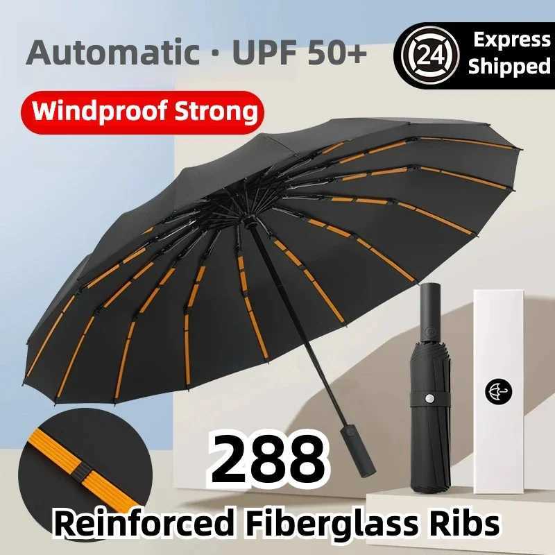 288 Reinforced Fiberglass Ribs Stormproof Windproof Automatic Umbrella Sun UV UPF50 Protect Compact Folding Rain Umbrella Men C251117