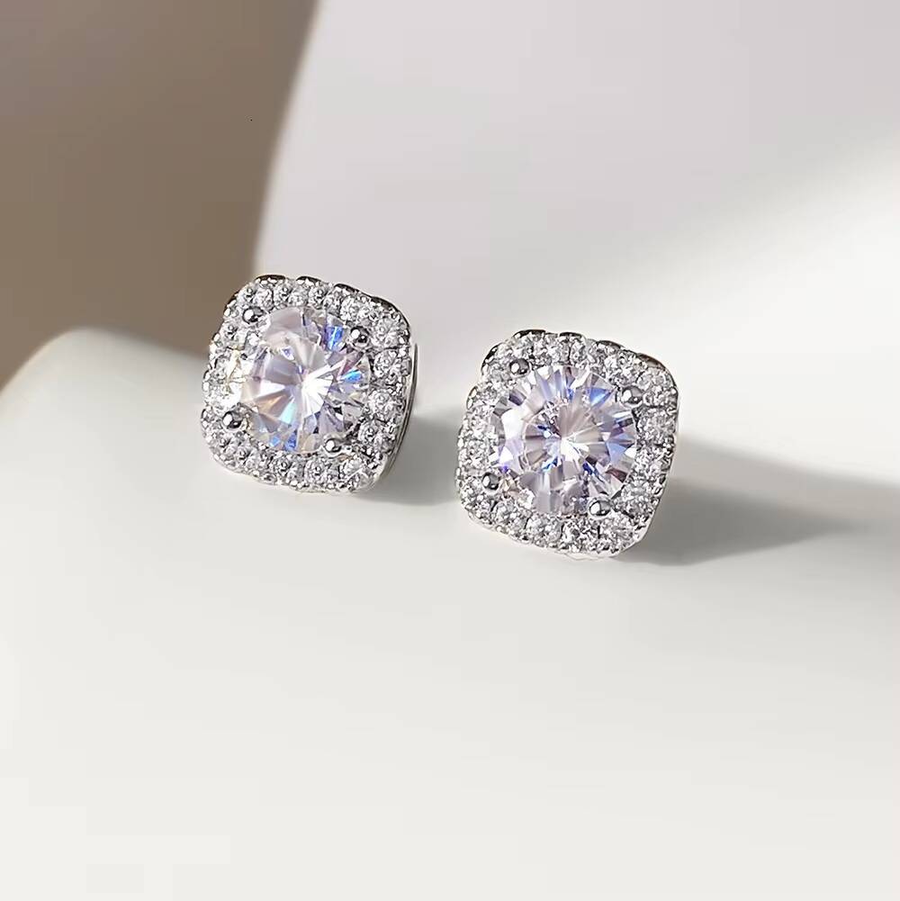 Foxi Earrings Silver Jewelry 18K Gold Plated 925 Sterling Silver Stud square Earrings White Zircon for Women