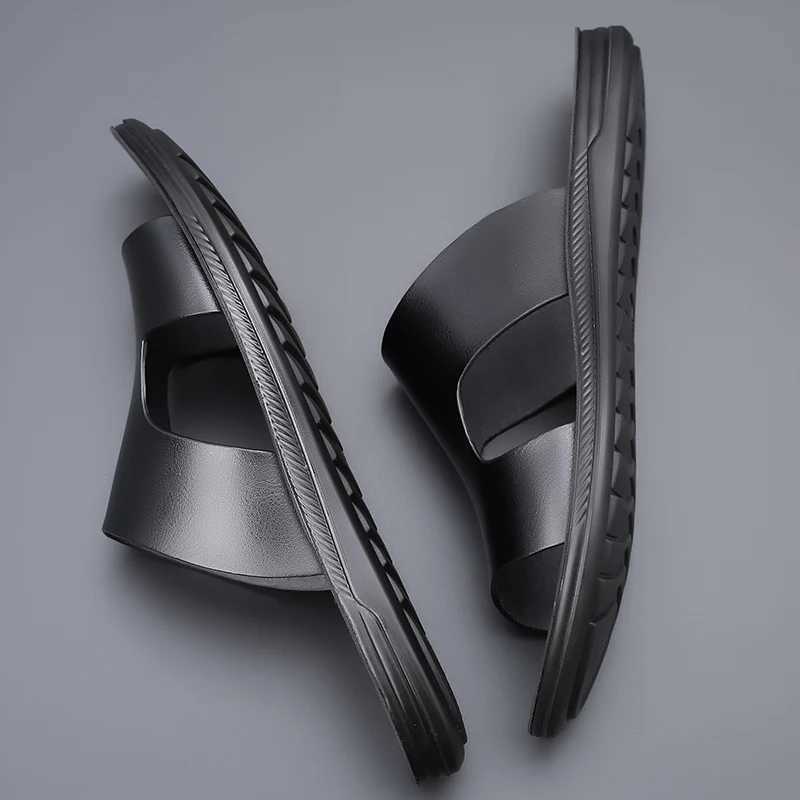 Yomior New Fashion Casual Mens Shoes Apartment Summer Slide Outdoor Sandals Beach Work Slide Soft Leather Flip Shoes Designer Y250417