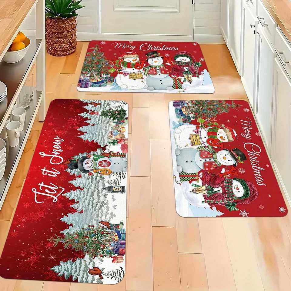 Christmas Snowman Snowflake Kitchen Mat Fleece Non-Slip Festive Rug for Living Room Bedroom Dining Holiday DecorM251117