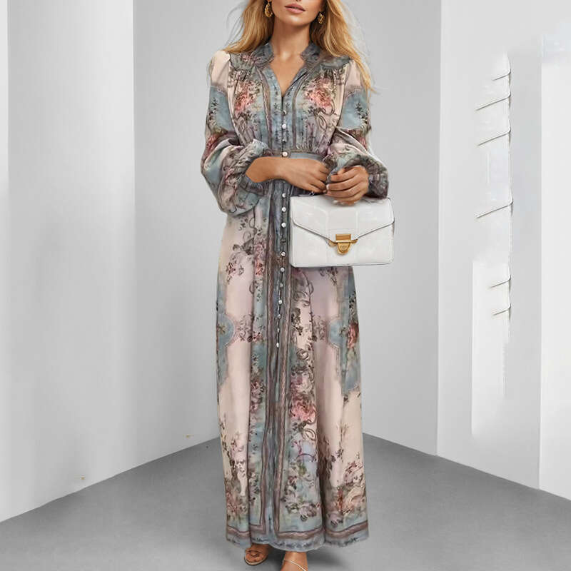 Dress Women Designer Luxury 2025 Women's New Elegant V-Neck Fashion Printed Long Sleeve Dress