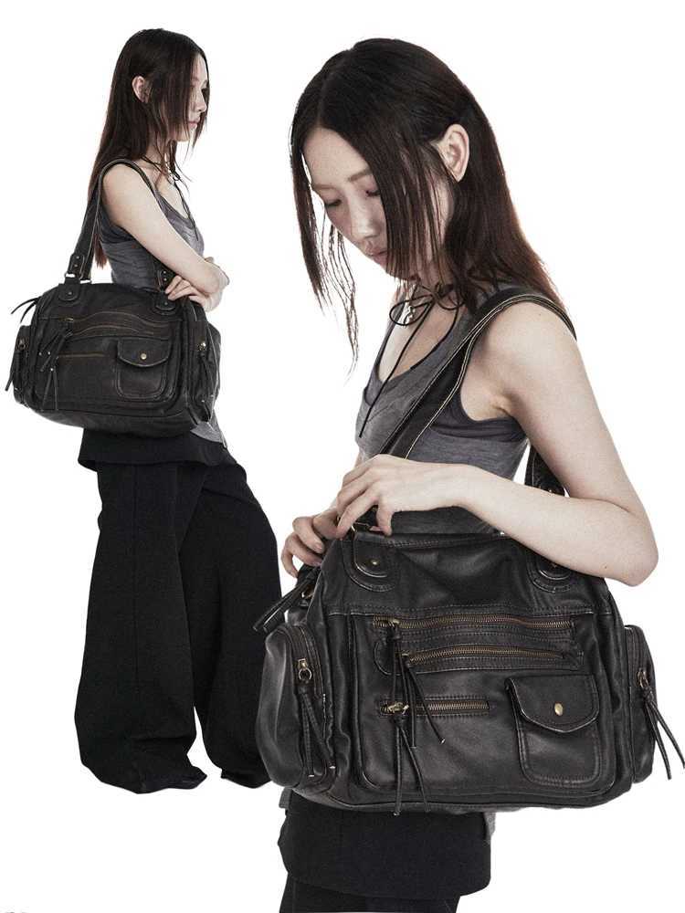 high quality bag Soft leather retro One shoulder messenger bag large capacity tote bag punk multi pocket Y2Kmotorcycle bagW251115