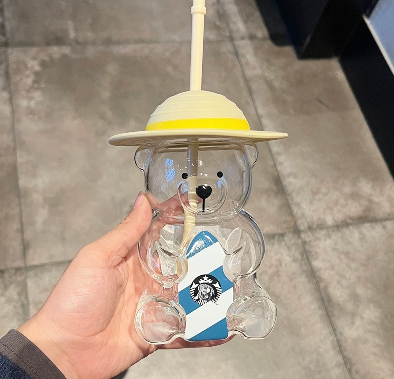 Star-buck 20oz Glass Cup Green Bear with Straw, Cute Transparent Travel Cup with Lid, Iced Coffee Cold Drink Christmas and New Year Gift, Bearista Lim