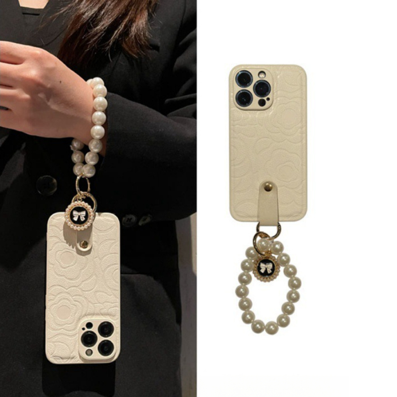 Pearl Hand Chain Camellia Phone Case Compatible iPhone 17 Pro Max Crossbody Lanyard Case iPhone 16/15 Pro
