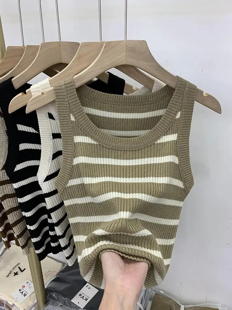 Summer Striped Tank Tops Women Sleeveless Knitted T-Shirts Crop Tops Female Elastic Slim Casual Vests Spring Pullover Camis 2025 250417
