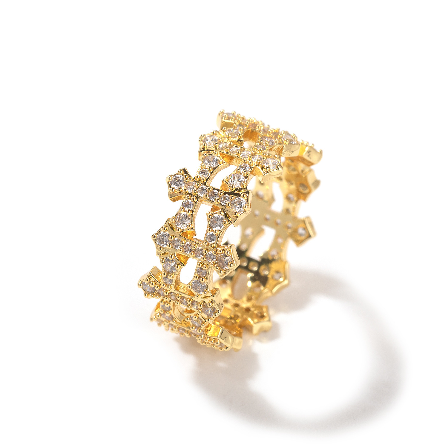 Hip Hop Cross Tennis Chain Ring 18K Gold Plated 5A Zircons Finger Rings Jewelry