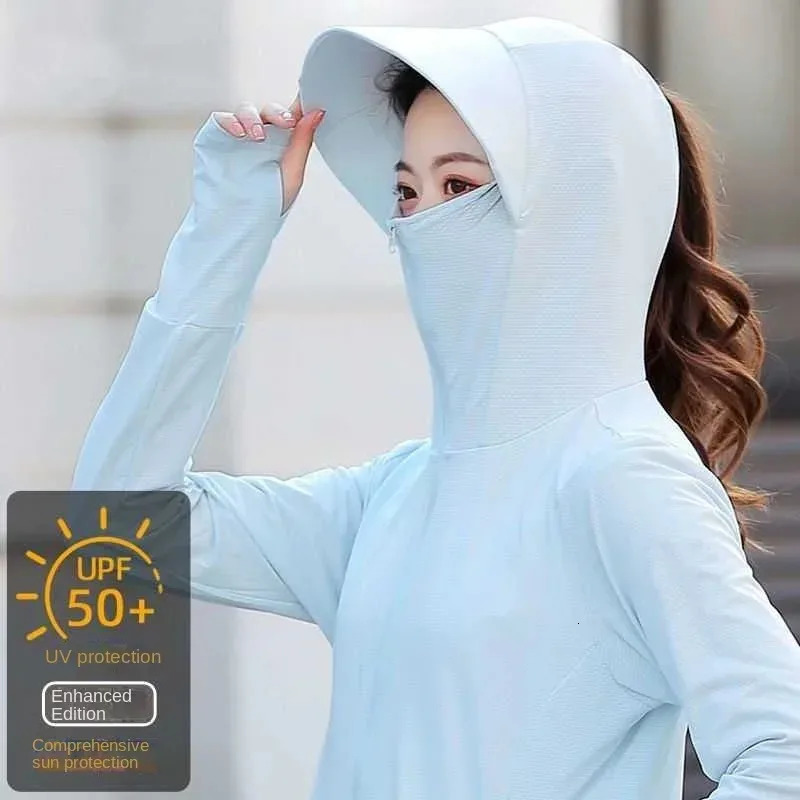 Womens Sunscreen Clothes Jacket with Hood and Hat UV Protection Coat for Cycling Ice Silk Thin 250415