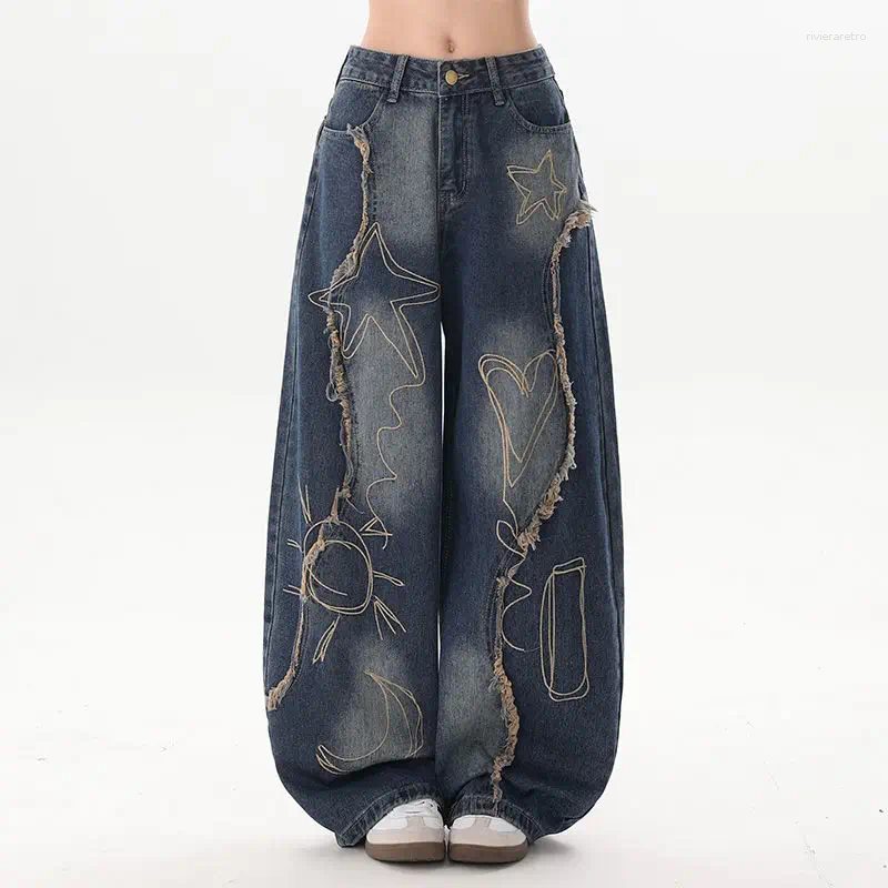 Women's Jeans Trendy Brand Heavy Industry Embroidery Rough Edge Scimitar Retro High Street Waist Loose Wide Legs Baggy Women Z260313
