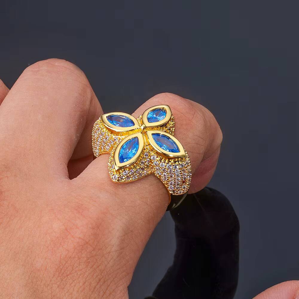 Moissanite Hip Hop Jewelry Gold Plated Four Leaf Zircon Ring Womens Trendy Bling Green Blue Gemstone Flower Shape Iced Out Ring