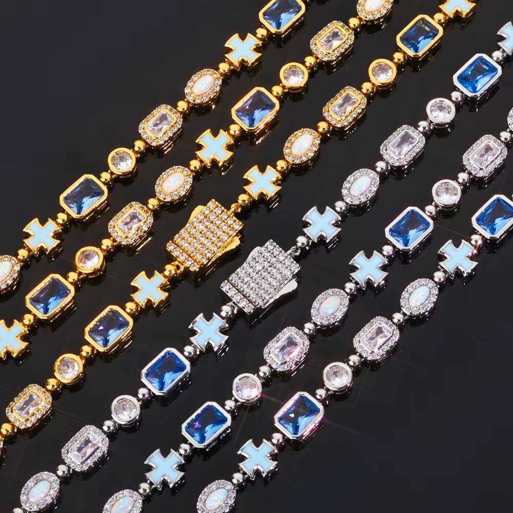 NUOYA Geometric Oil Drip Cross Bracelet 6mm Iced Out CZ Stones Gemstone Motif Hip Hop Chain Jewelry Gifts for Women