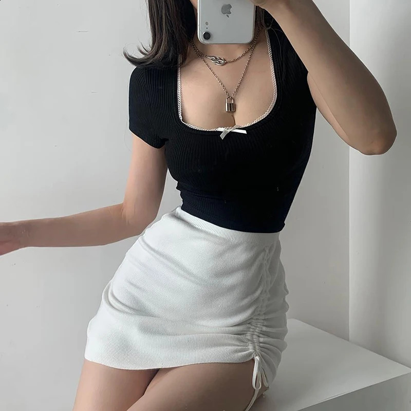 White high waisted elastic side pull leather for womens club slim knit short sexy and fully matched fashionable mini black 250415Z