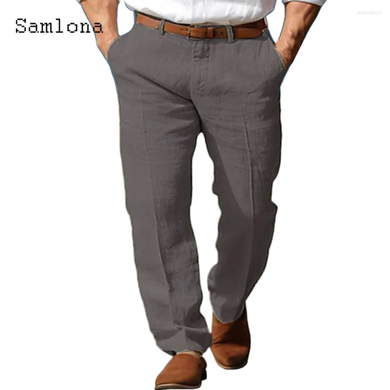 Men's Pants 2025 Men Elegant Stand Pockets Cotton Linen Solid White Black Ankle-Length Trouser Plus Size Mens Casual Straight