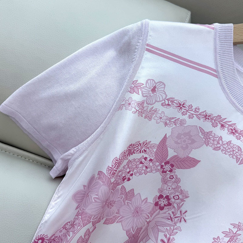 Women's Floral Print Silk T-Shirt Fashion Round Neck Multi-Color Loose Short Sleeve Top High-Quality Trendy Sexy Streetwear Luxury Designer Knit 