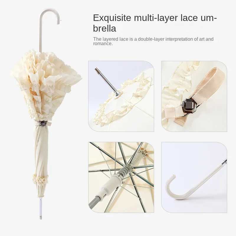 Cute Princess Lace Umbrella Long Handle Pagoda Parasol Gothic Lolita Marriage Large Umbrella Semi-automatic Wedding Umbrellas C251117