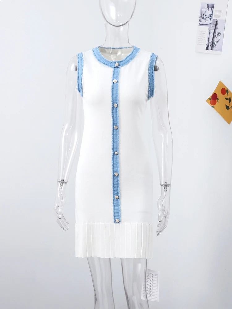 2025 Womens White Knitted Stretch Denim Dress Sleeveless Ruffled Hem Pleated Summer Tight Beach Party Casual Elegant Dress250414