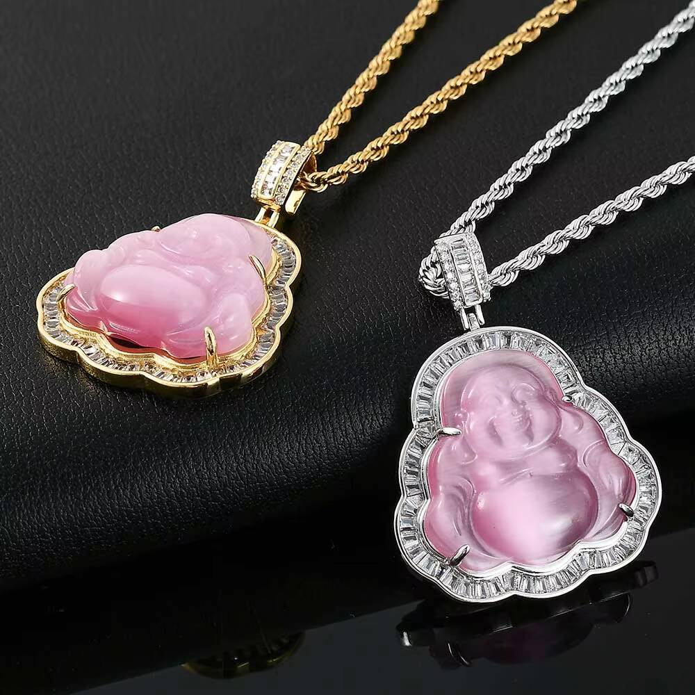 Mens Hot Sale Diamond Jade Laughing Gold Plated Jewelry Iced Out Green Buddha Pendant