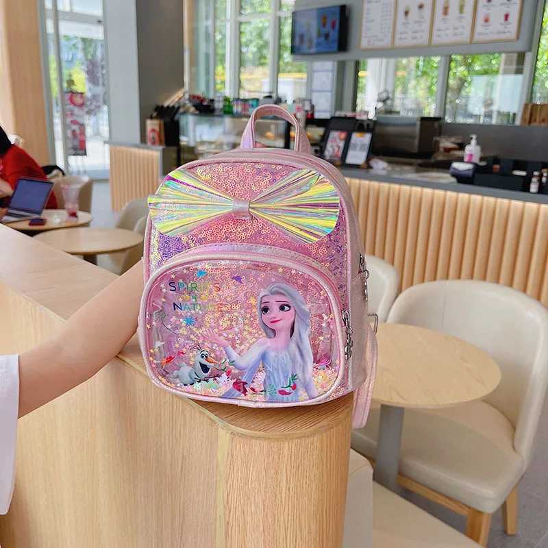 Disney Disney Frozen Backpack Glitter Frozen Elsa Anna Princess Childrens Backpack Fashion Girl Kavay PU Leather Travel Backpack GiftXJ250417