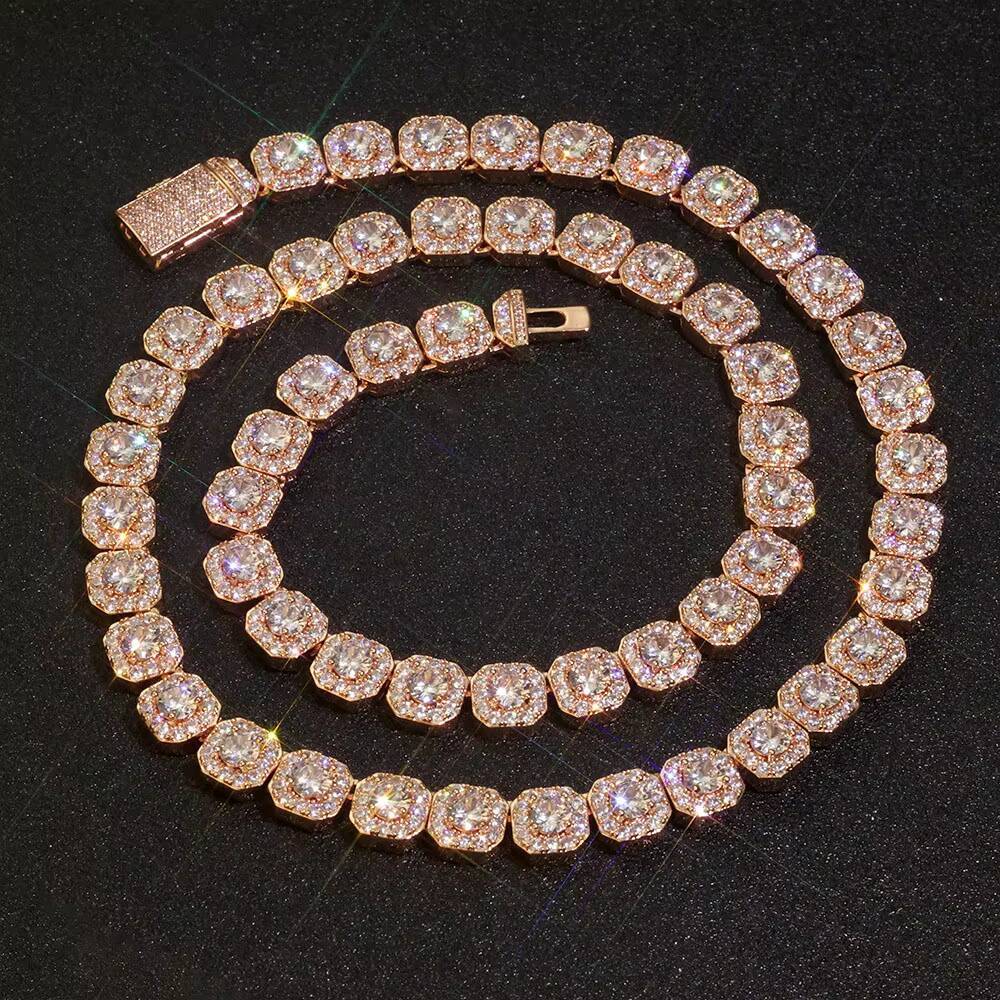 Moissanite Hip Hop Jewelry 10/12mm Rose Gold Plated Clustered Tennis Chain Necklace Bling Iced Out Zircon Choker Necklaces for Women