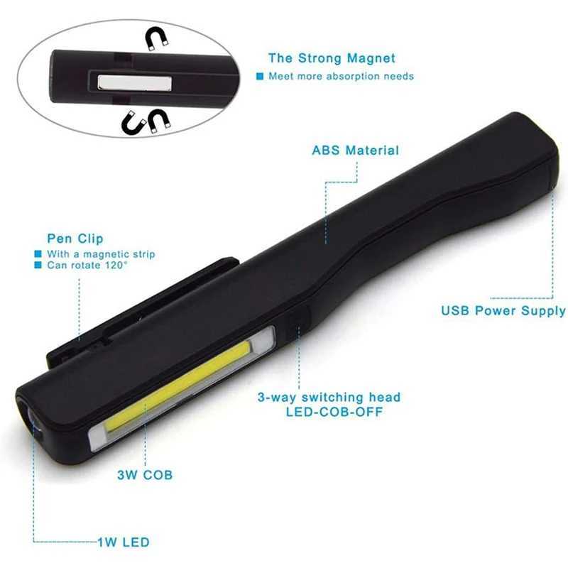 USB Rechargeable Flashlight Magnetic Pen Lamp Hand Torch Lanterna COB Work Light For Camping Lantern Car Repair Lamp M251117