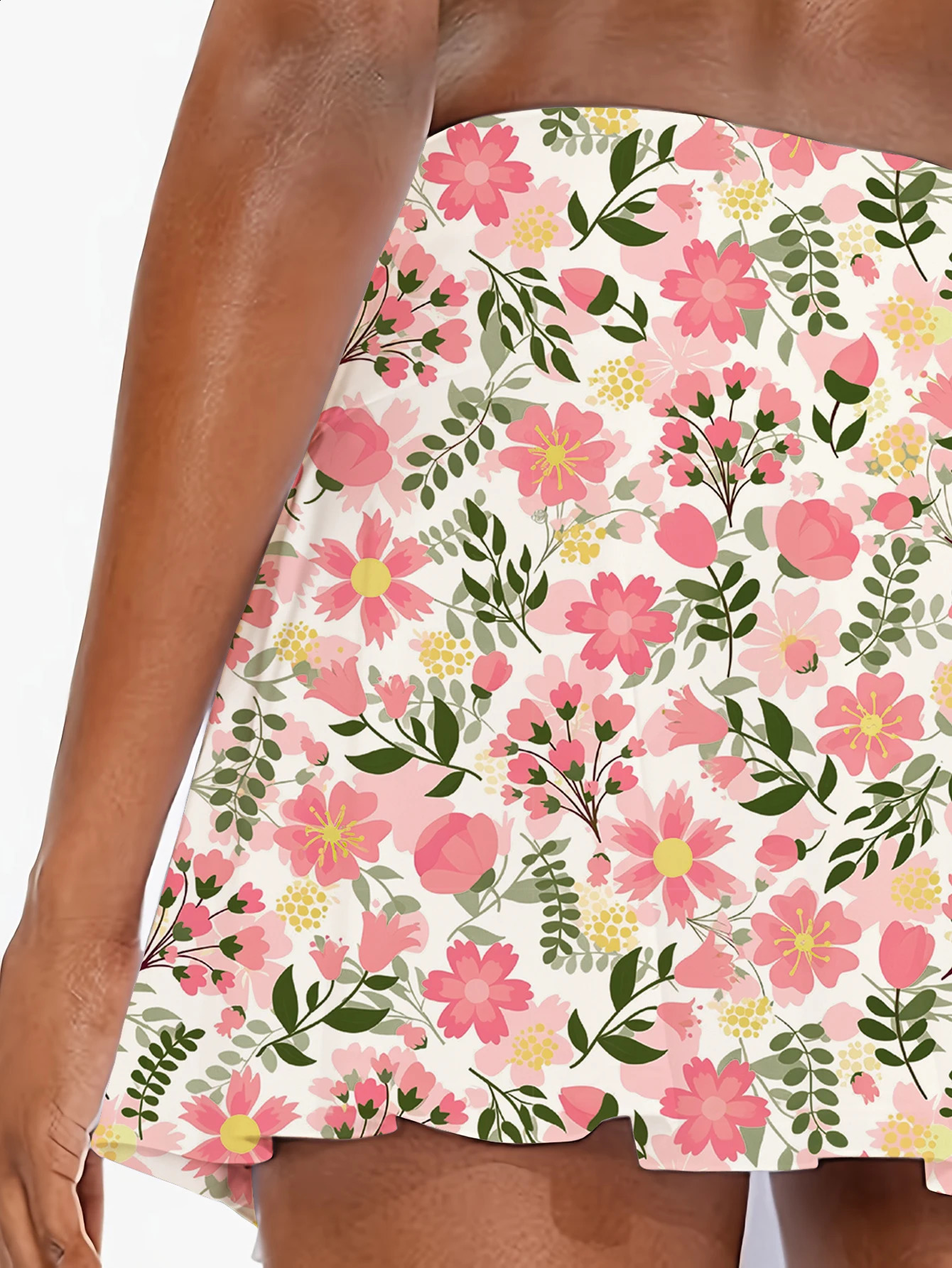 Womens floral print mini skirt with shorts elastic waist summer knitted fabric pink polyester canvas and pockets 250415Z