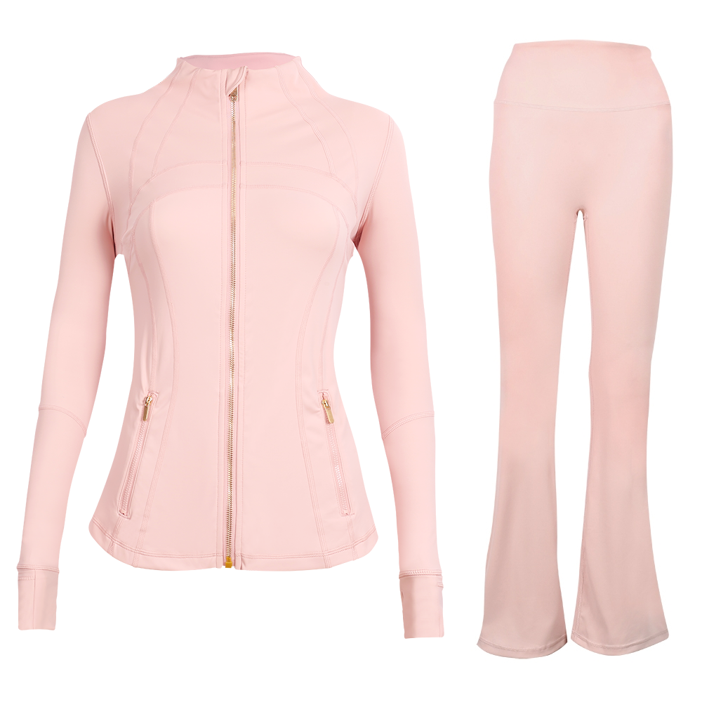 Gold Zipper Jacket for Women High Waist Hip Lifting Leggings Flared Elastic Breathable Slim Fit Sports Fiess Yoga Long Sleeve Top Ninth Pants 2 Pieces