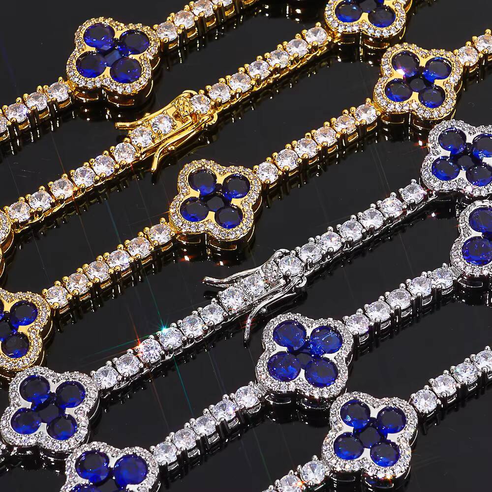 Moissanite Iced Out Cubic Zircon Tennis Chain Four-leaf Clover Tennis Chain Choker Necklace Women Gold Plated Fine Hiphop Jewelry