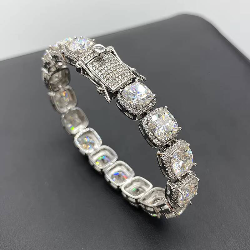 Men Luxury Design 10mm Cushion Shape Diamond Tennis Link Real 18k Gold Plated Silver 925 Moissanite Cluster Diamond Tennis Chain