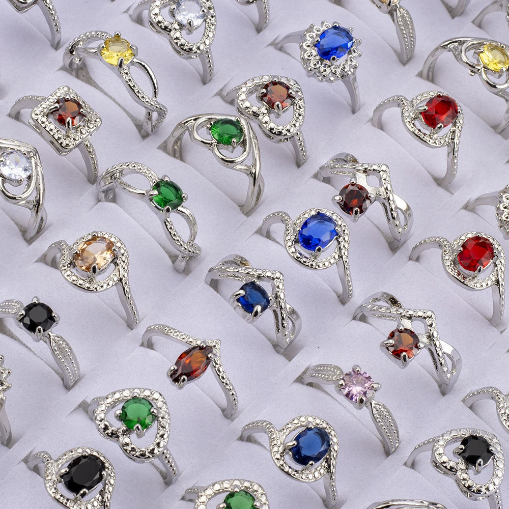 25Pcs/Lot Fashion Colorful Rhinestone Rings For Women Mix Style Engagement Wedding Jewelry Party Gifts Wholesale 251110