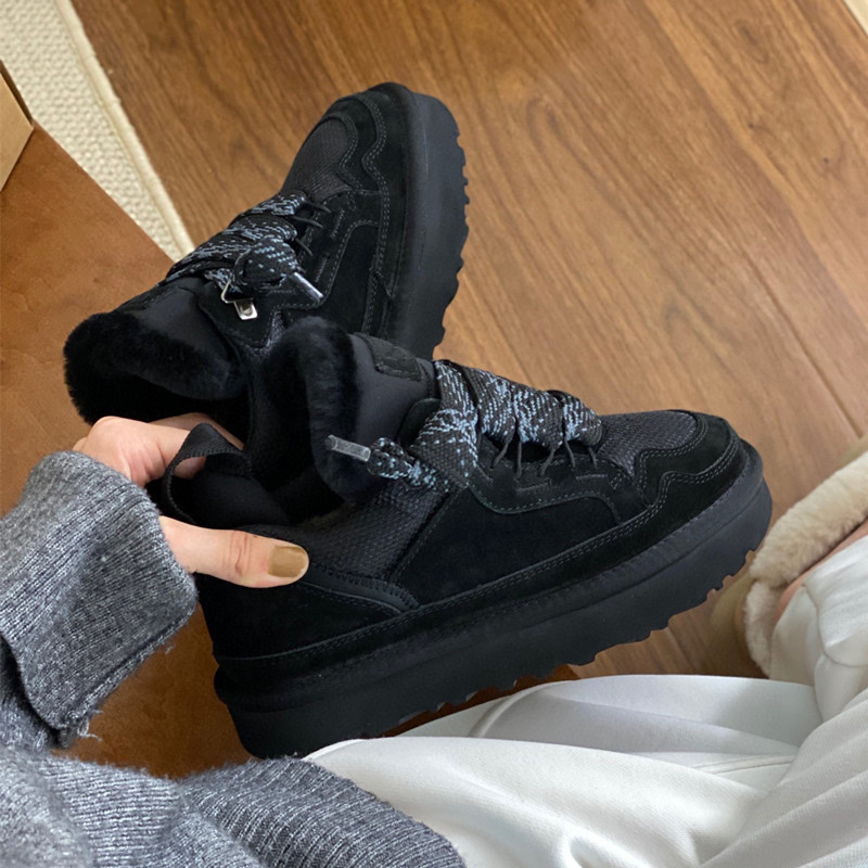 Free shipping beige fabric lace up sneakers with fluffy inner lining woven detail thick sole warm comfortable trendy versatile fashion sports casual shoes couple