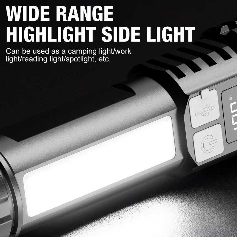 High Power LED Flashlight Powerful TYPE-C Rechargeable COB Flashlight With Side Light Torch For Outdoor Camping Hiking M251117