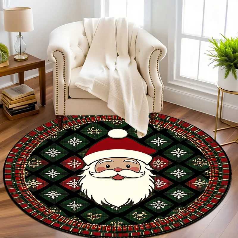 2D Flat 1pc Santa Claus Christmas Style Round Mat Lightweight Non - Slip Machine Washable Door Mat Home Decoration SuitableM251117