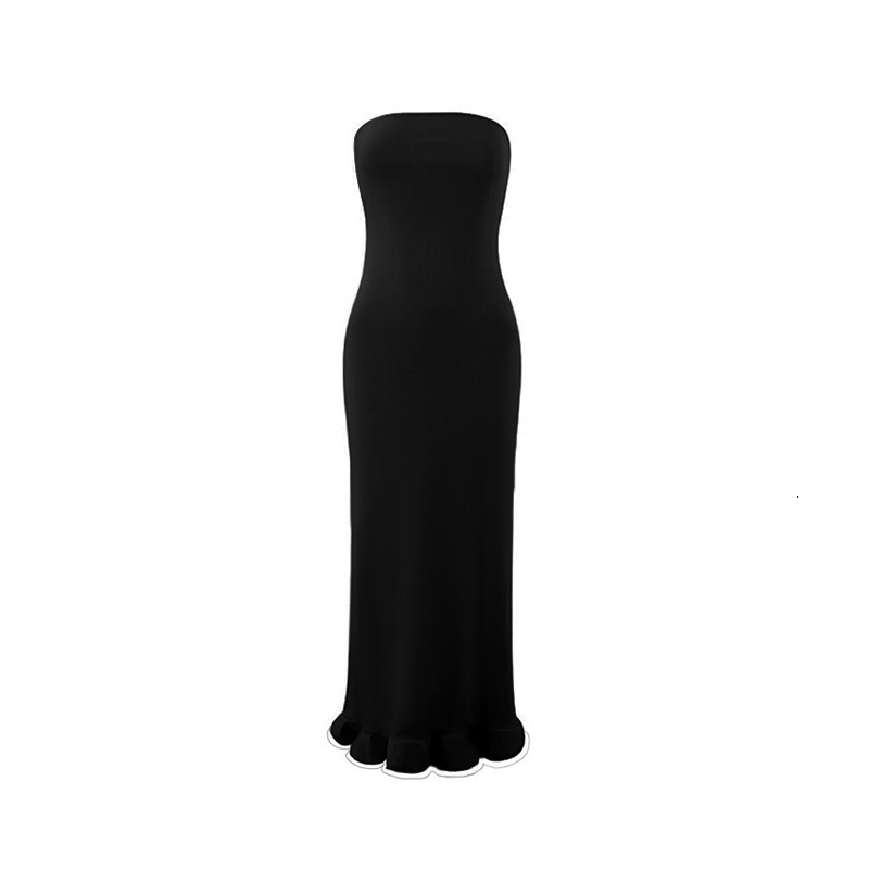 2024 womens sexy spicy girl strapless slim fit wrapped buttocks black fungus edge wave side length dress 250320